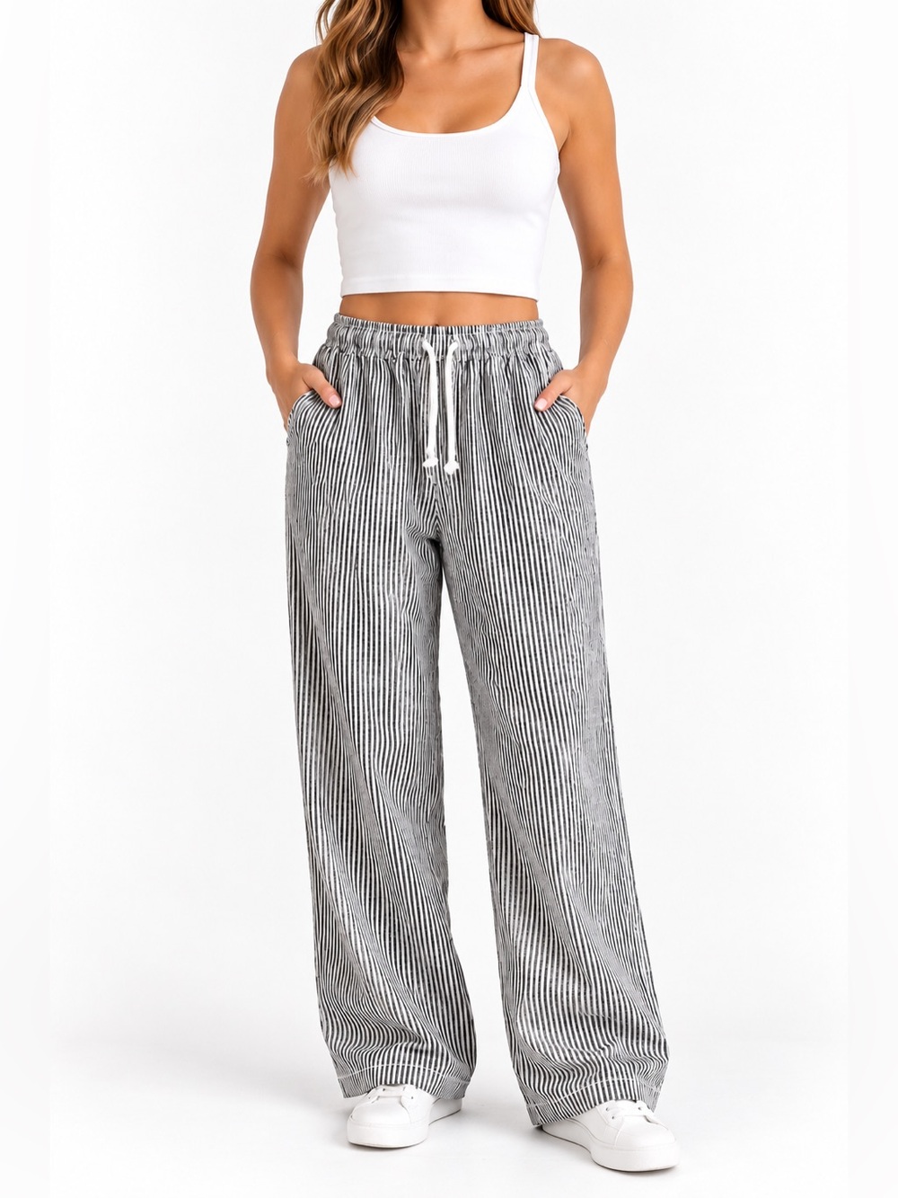 Love Tree Gray & White Striped Wide Leg Pull-On Pants – Size Medium